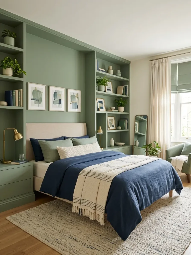 shelves in bedroom matching color scheme with walls and bedding