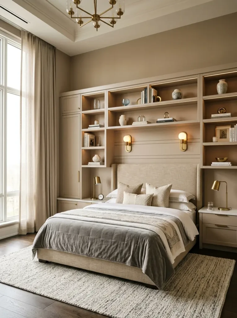 built in shelves in bedroom creating seamless and elegant wall storage