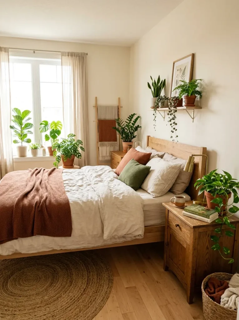 Warm bedroom decorated with indoor plants adding freshness and natural beauty to the space