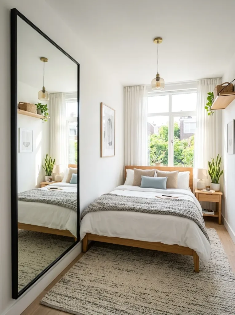 Small bedroom with large mirror reflecting light to make space look bigger