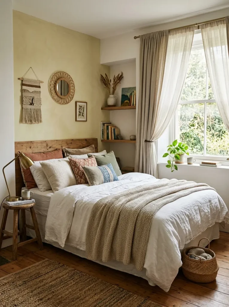 Small bedroom with cozy layered bedding, mixed materials, and soft textures