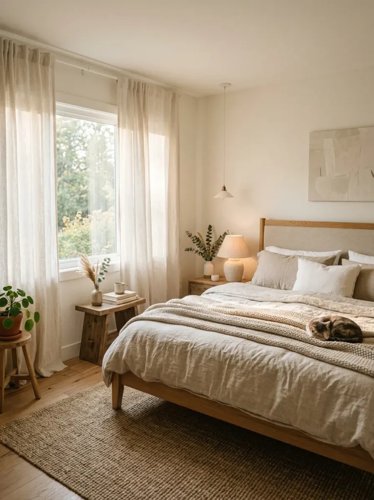 Soft linen curtains in a warm bedroom with natural light filtering through for a calm ambiance