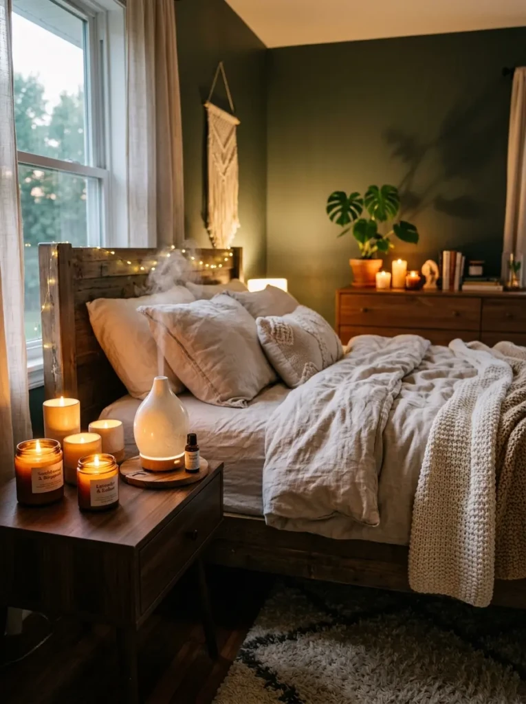 Warm bedroom with lit candles and diffuser creating a relaxing and soothing sensory environment