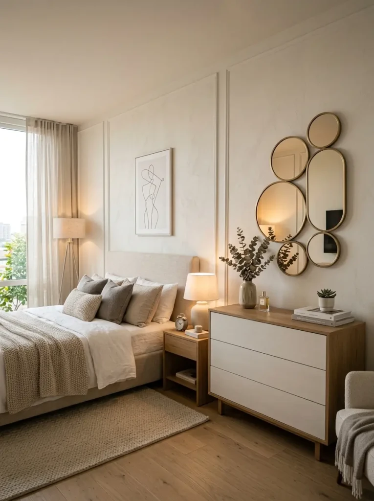 Modern bedroom featuring mirror wall decor above dresser with soft lighting and neutral tones