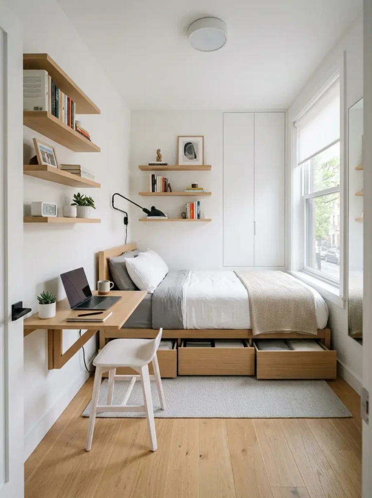 Small bedroom with storage bed, wall shelves, and multifunctional furniture