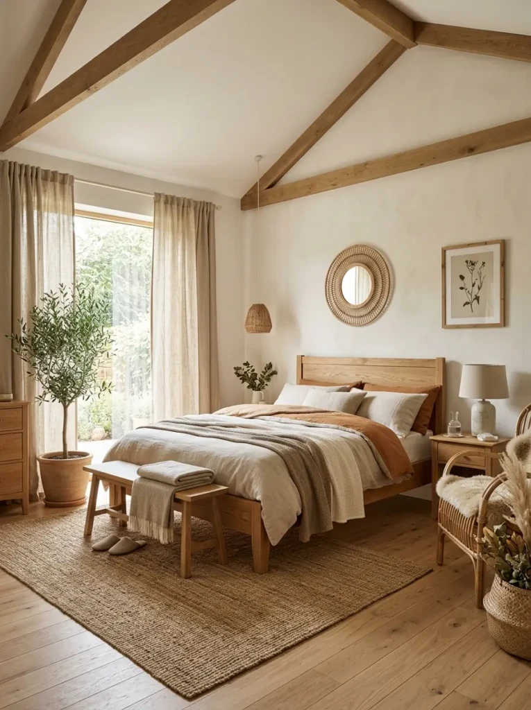 Warm bedroom featuring wooden furniture, linen curtains, and natural textures for an organic cozy feel