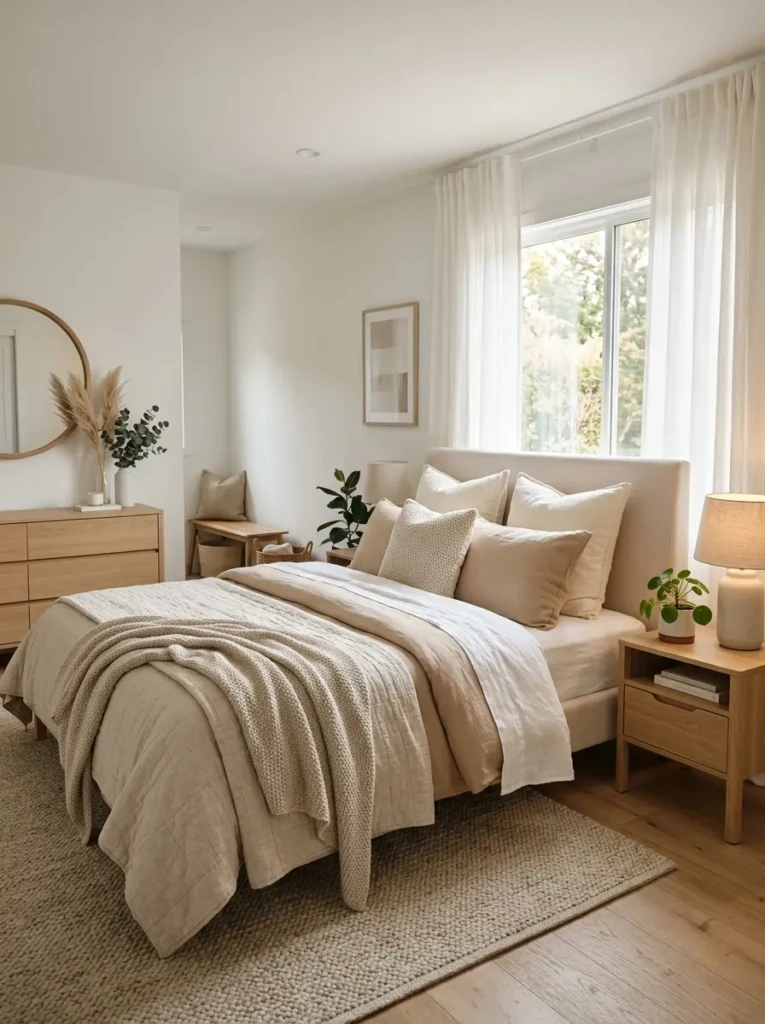Modern bedroom with soft white walls, warm beige bedding, oak furniture, layered neutral textiles, and bright natural light.