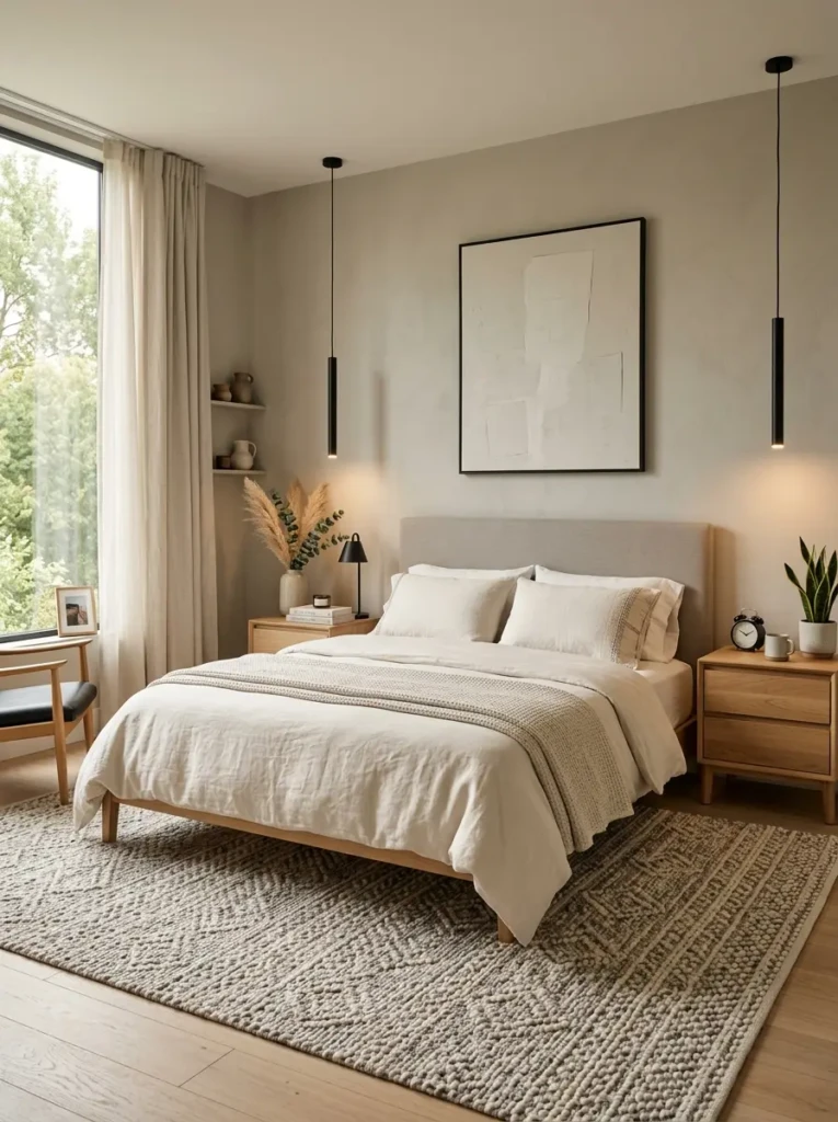 Contemporary bedroom with greige walls, cream bedding, black lighting fixtures, oak nightstands, and a minimalist modern design.