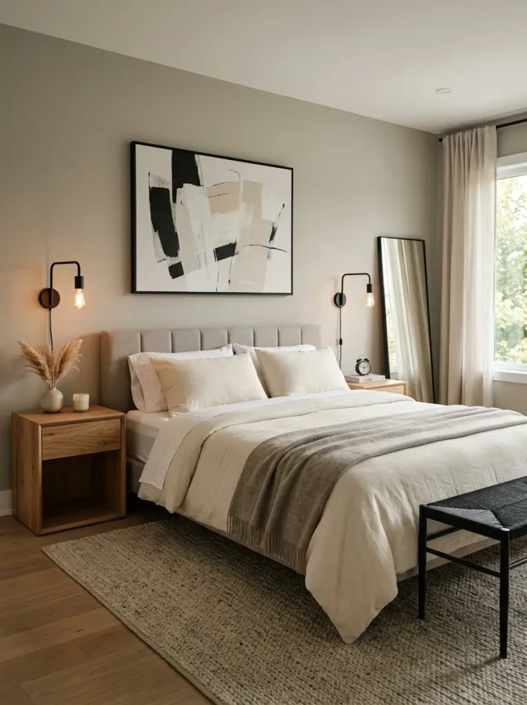 Contemporary bedroom with greige walls, cream bedding, black lighting fixtures, oak nightstands, and a minimalist modern design.