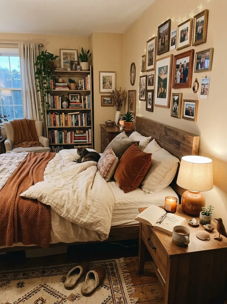 Warm bedroom with personal decor items like framed photos, books, and candles creating a lived-in feel
