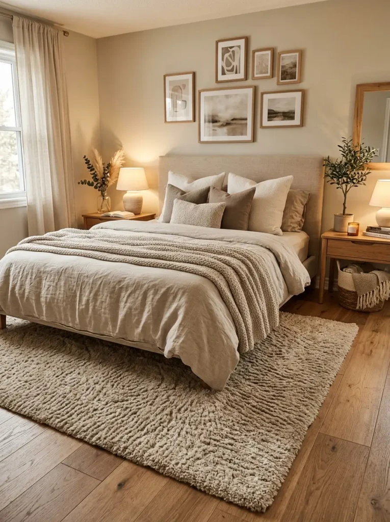 Soft rug placed under bed in a warm bedroom adding comfort and enhancing the cozy aesthetic