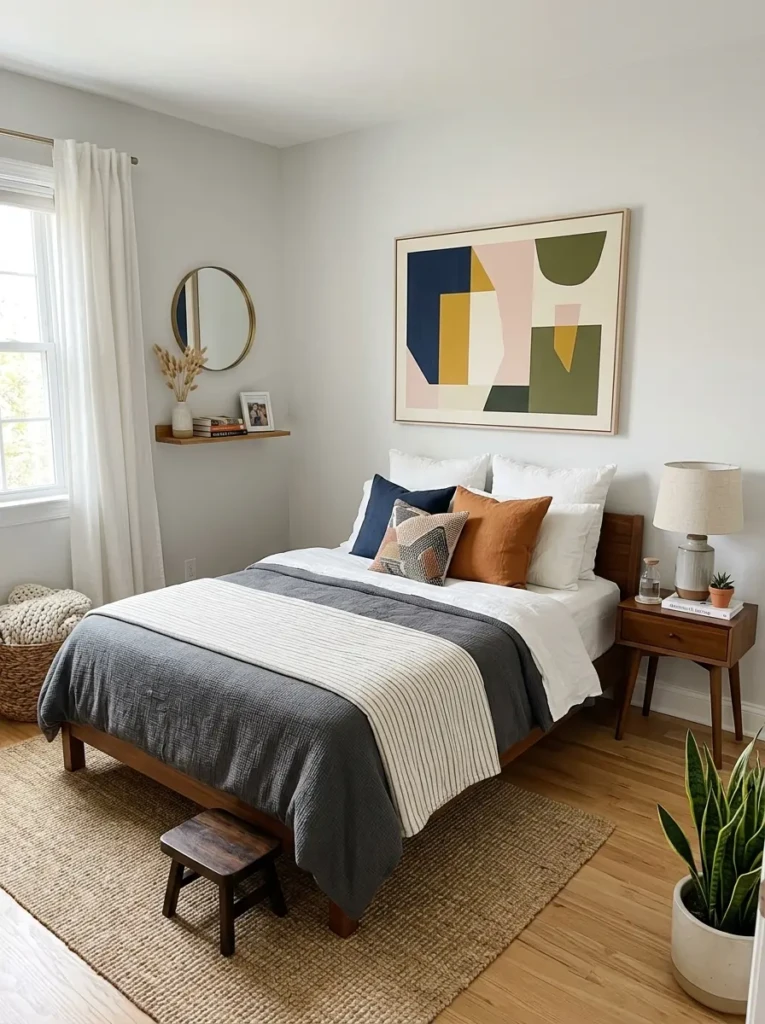 Small bedroom with statement wall art and minimal stylish decor