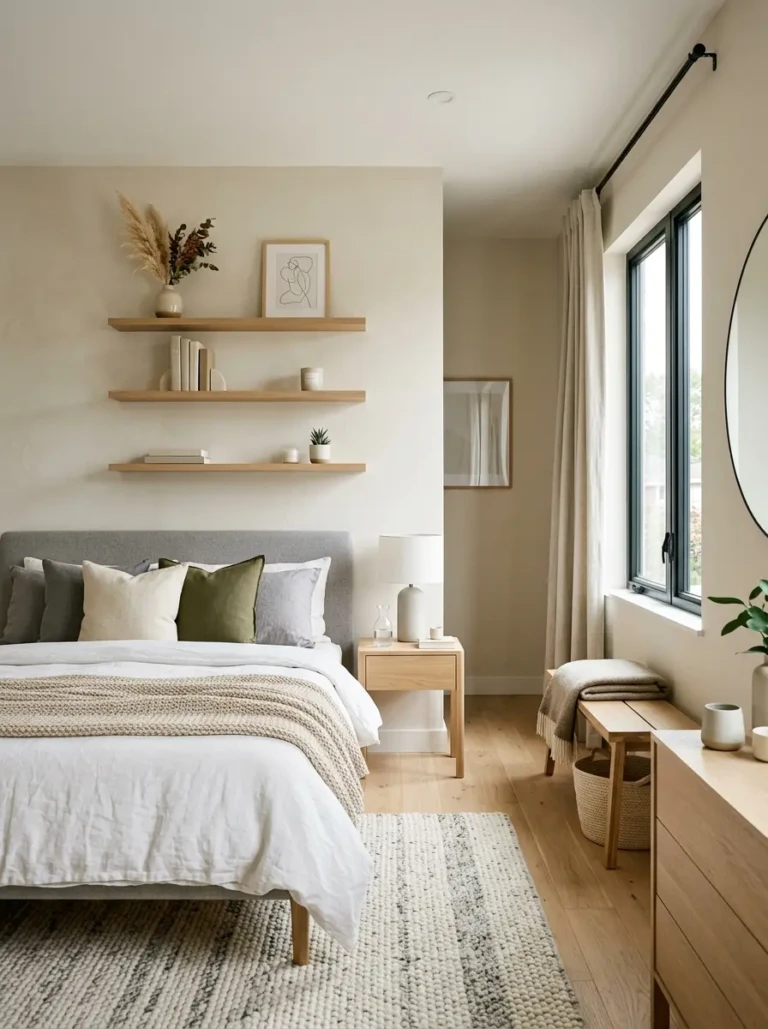 stylish shelves in bedroom with modern decor and cozy interior design