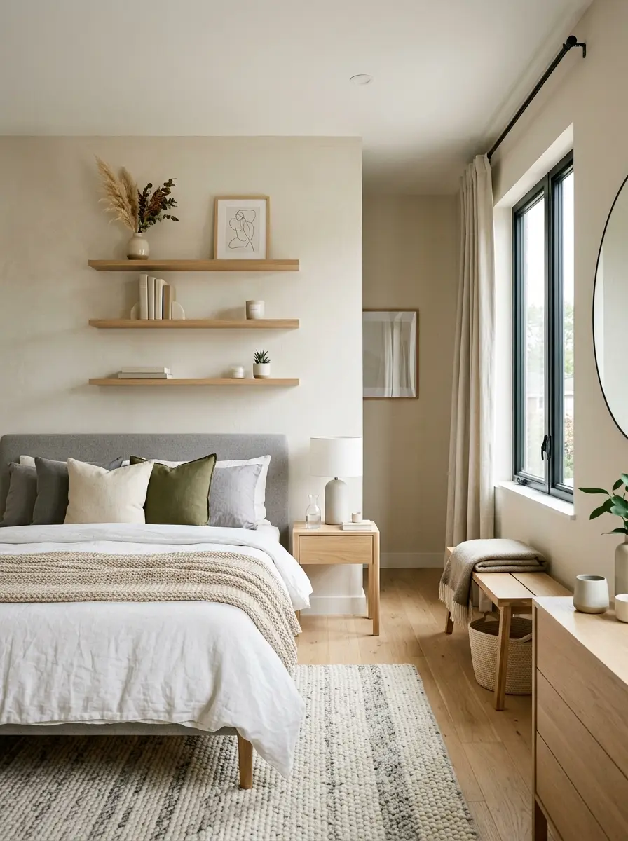stylish shelves in bedroom with modern decor and cozy interior design