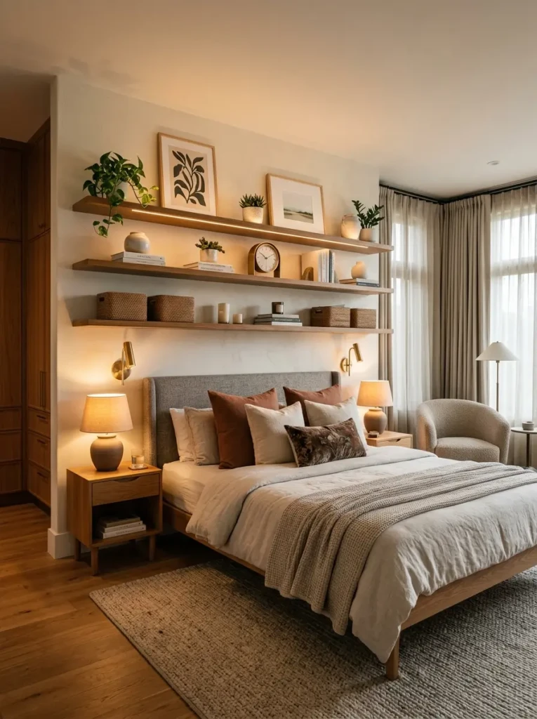 beautifully designed shelves in bedroom enhancing decor and storage