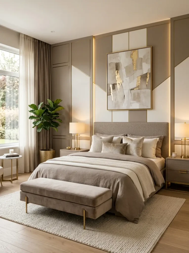Sophisticated taupe and cream modern bedroom with textured bedding, gold accents, and warm ambient lighting.