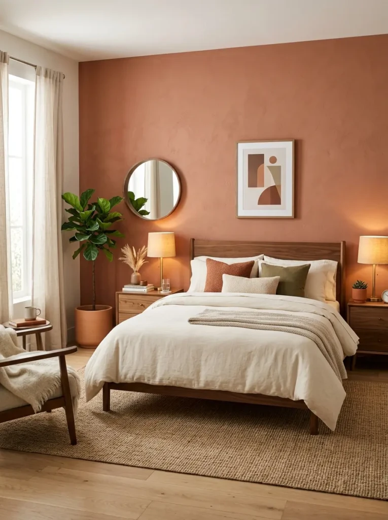 Cozy modern bedroom with muted terracotta wall, cream bedding, walnut furniture, and warm earthy decor.
