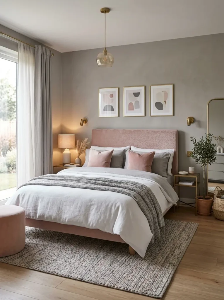 Chic modern bedroom with blush pink tones, warm gray bedding, upholstered headboard, and soft stylish lighting.