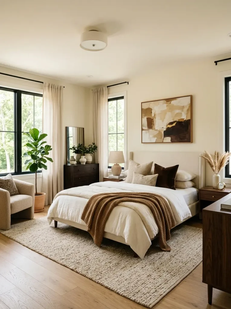Warm bedroom with balanced tones of beige, cream, and brown creating a harmonious cozy look