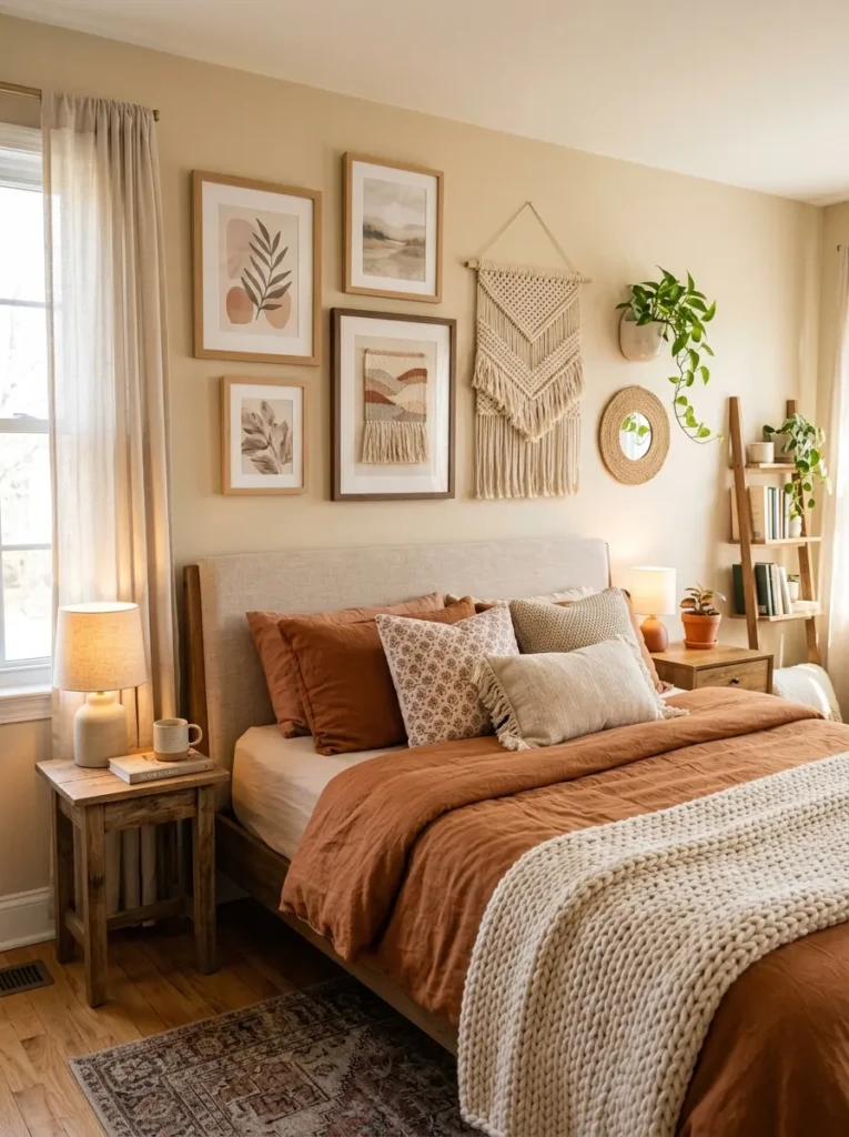 Warm bedroom wall decor with soft artwork and wooden frames enhancing a cozy aesthetic