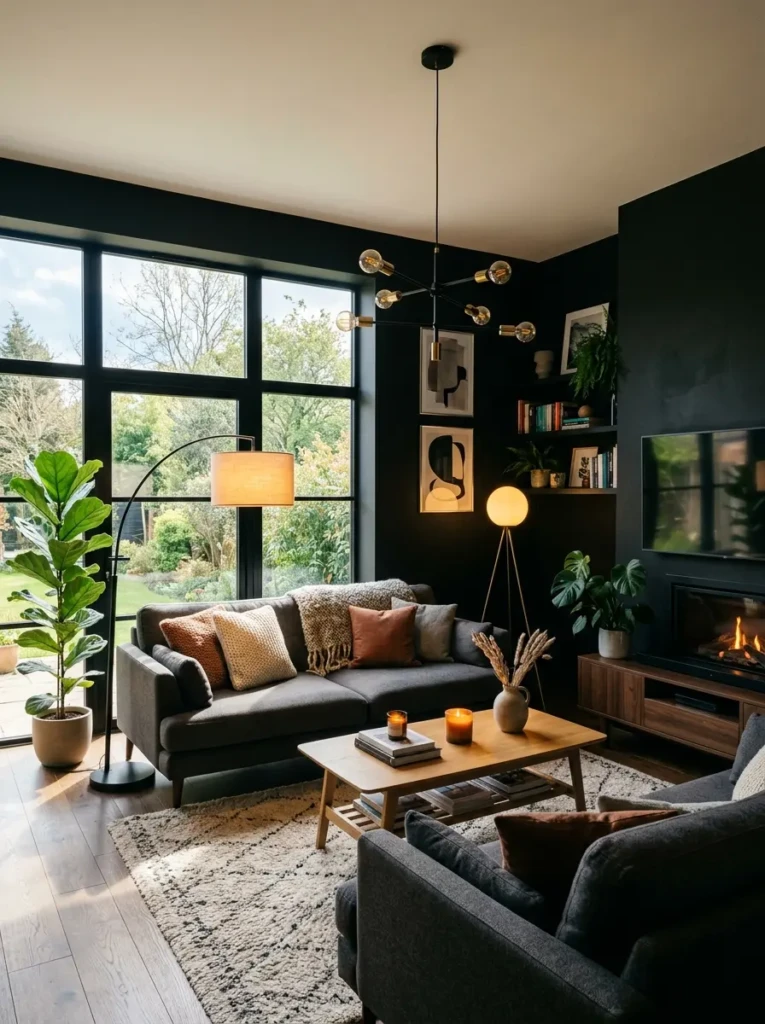 black living room decor with sleek sofa, gold accents, and modern furniture creating a bold and elegant space
