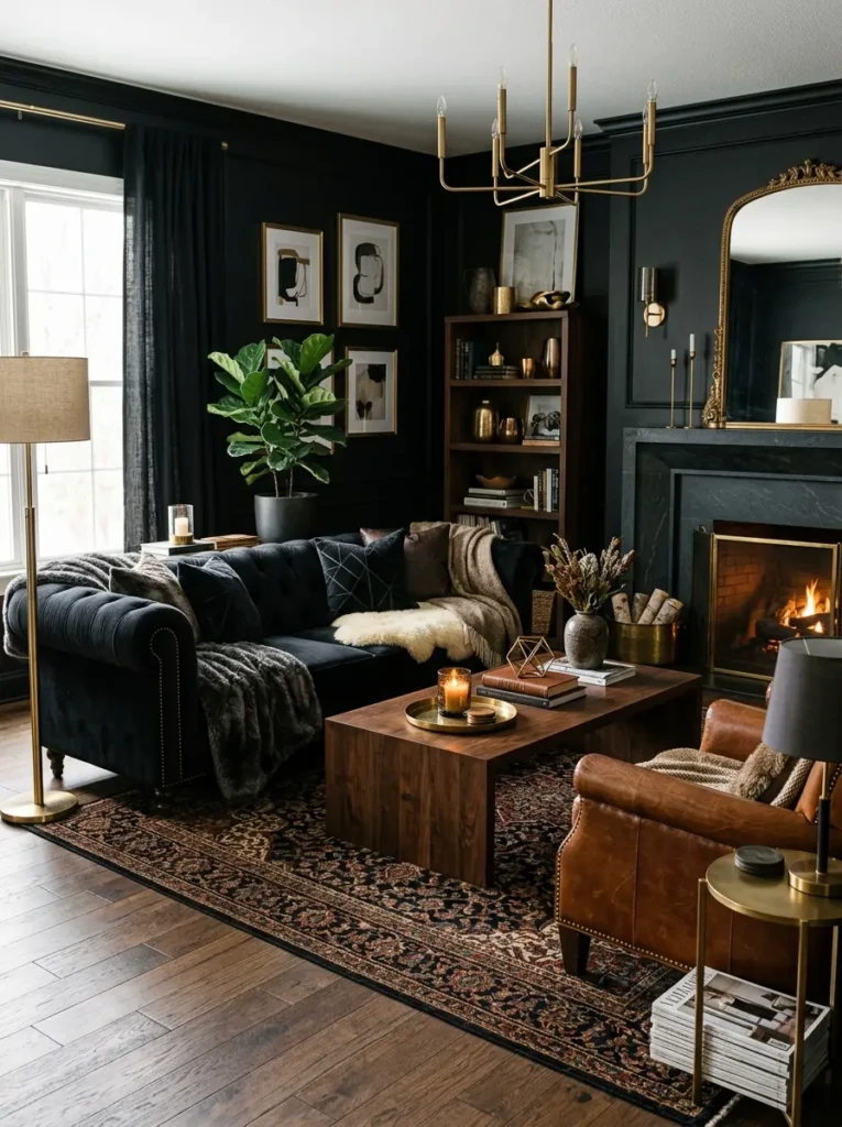 black living room with velvet sofa, wood and metal textures adding depth and richness