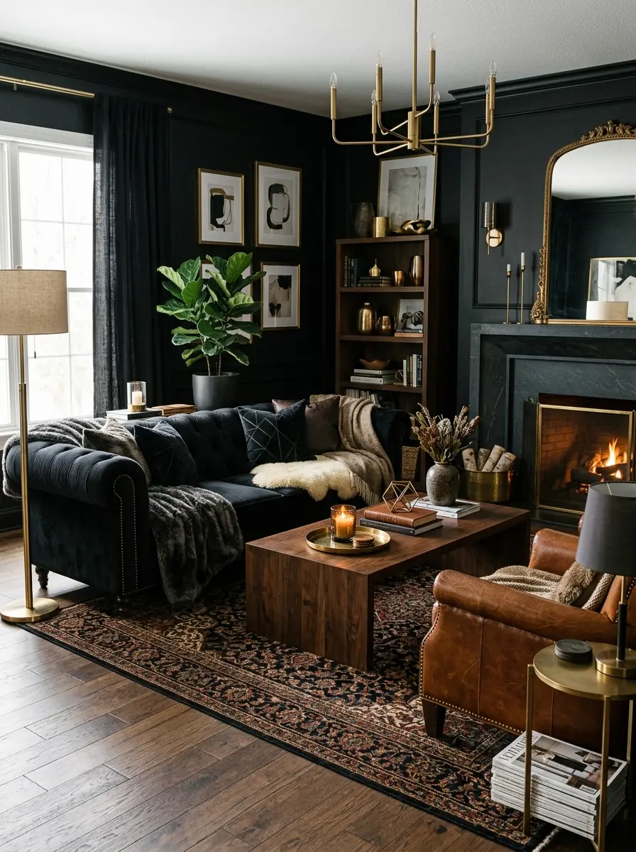 black living room with velvet sofa, wood and metal textures adding depth and richness