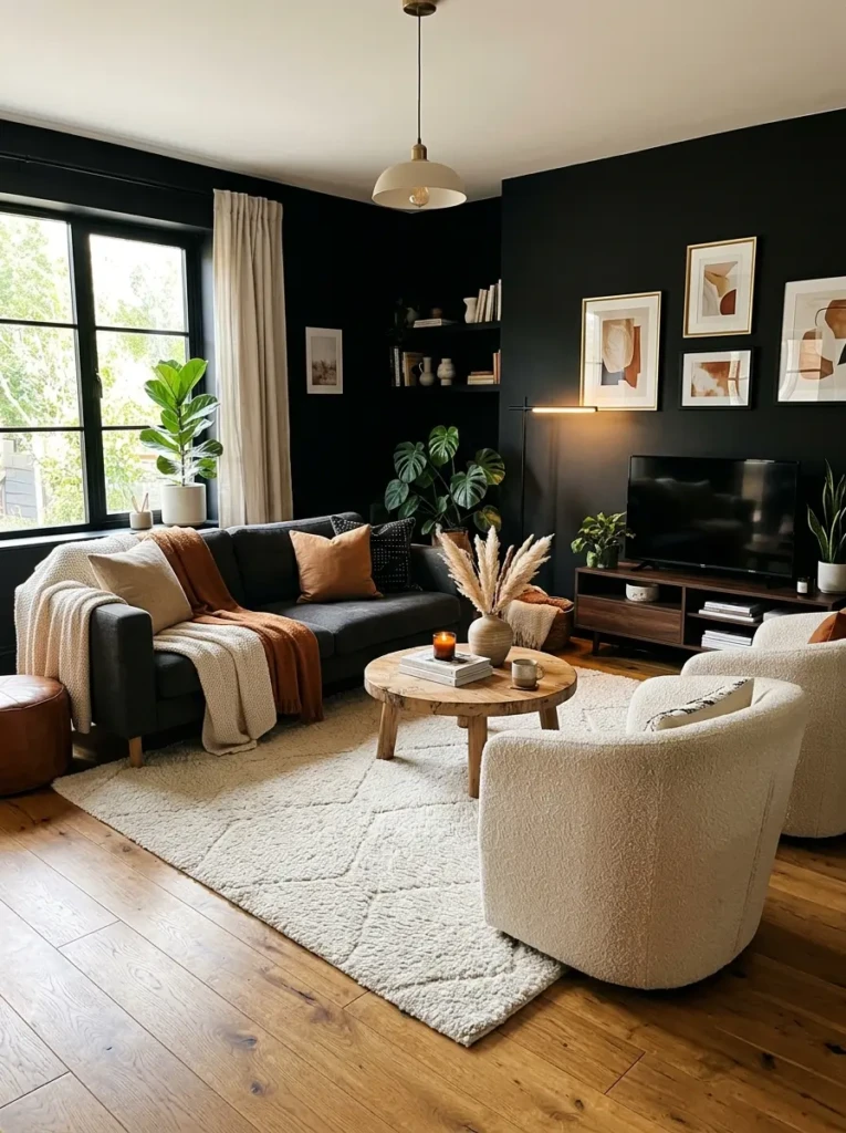 black living room featuring light rug and wooden floor creating contrast and warmth
