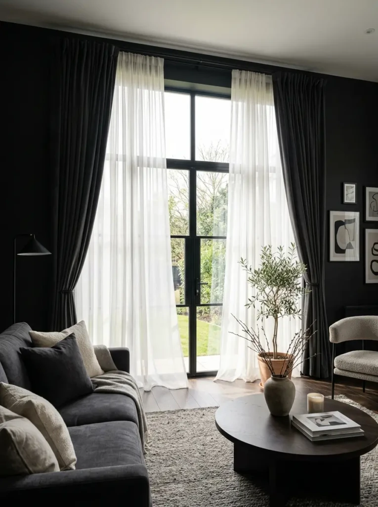 black living room with sheer white curtains allowing natural light to brighten the space