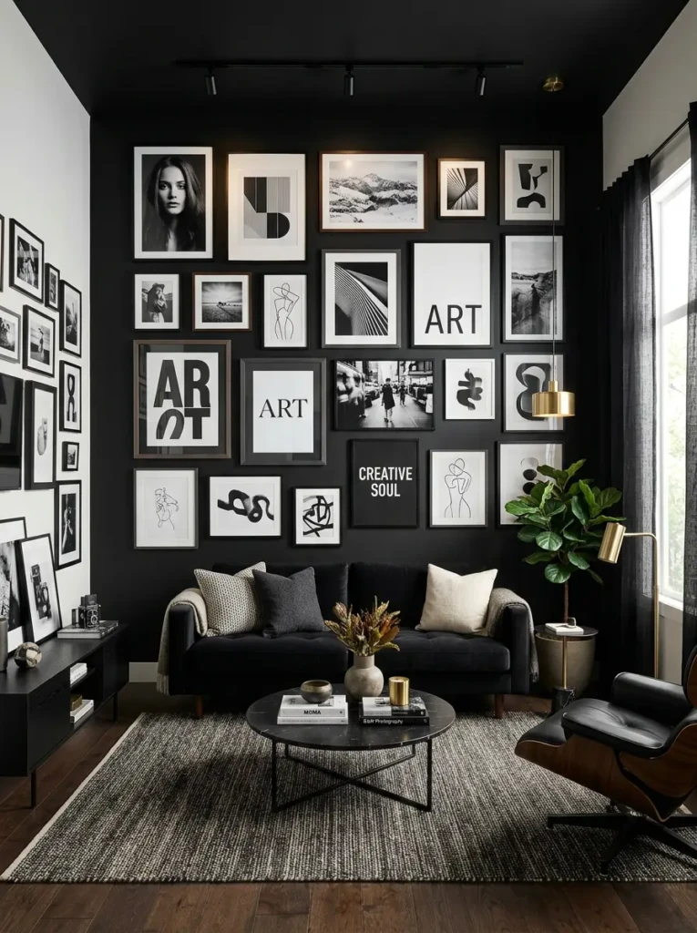 black living room with stylish gallery wall and modern artwork enhancing the decor