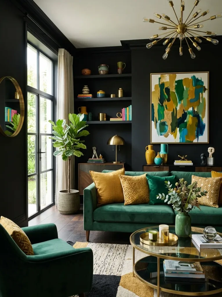 black living room with gold, green, and bold accent colors adding vibrancy to the space