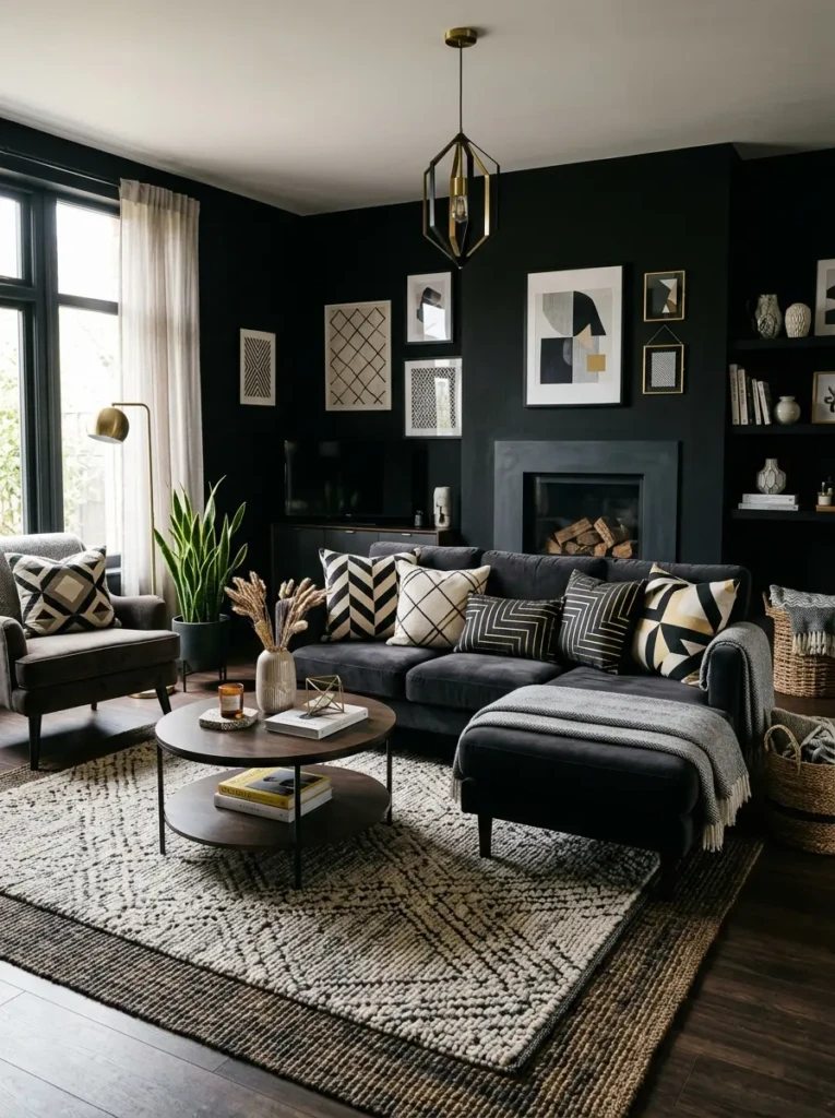 black living room with geometric patterns and textured decor adding visual interest