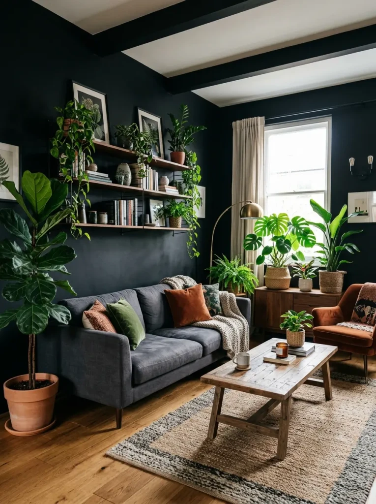 black living room with green plants creating a fresh and vibrant contrast