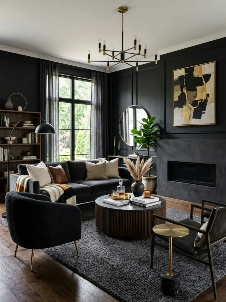 black living room furniture with minimalist design and neutral accents for a stylish look