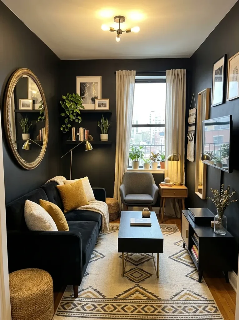 small black living room with smart layout, mirrors, and light accents to maximize space
