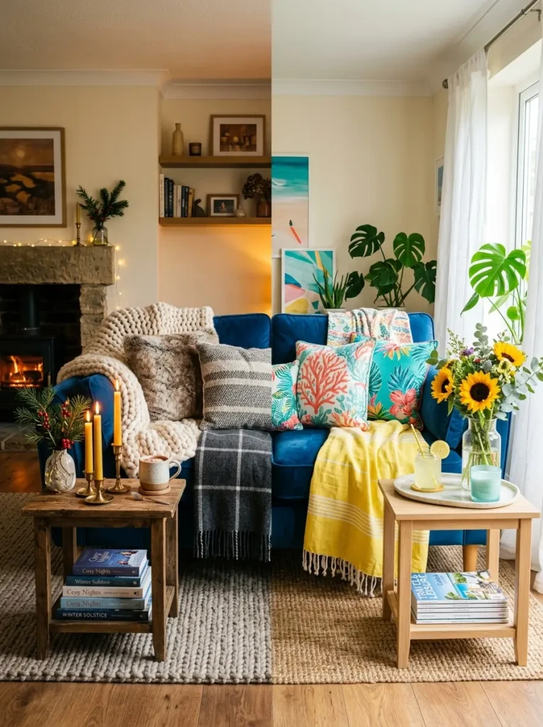 Blue sofa styled with seasonal décor including winter throws and summer accents