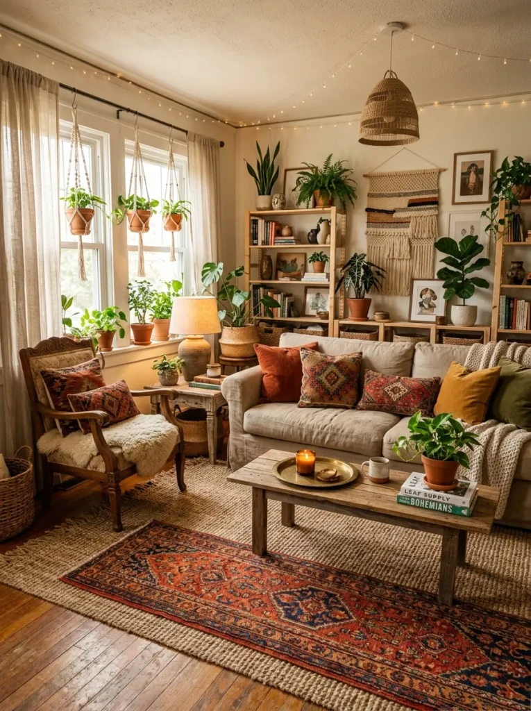 Bohemian living room with layered rugs adding depth, texture, and warmth