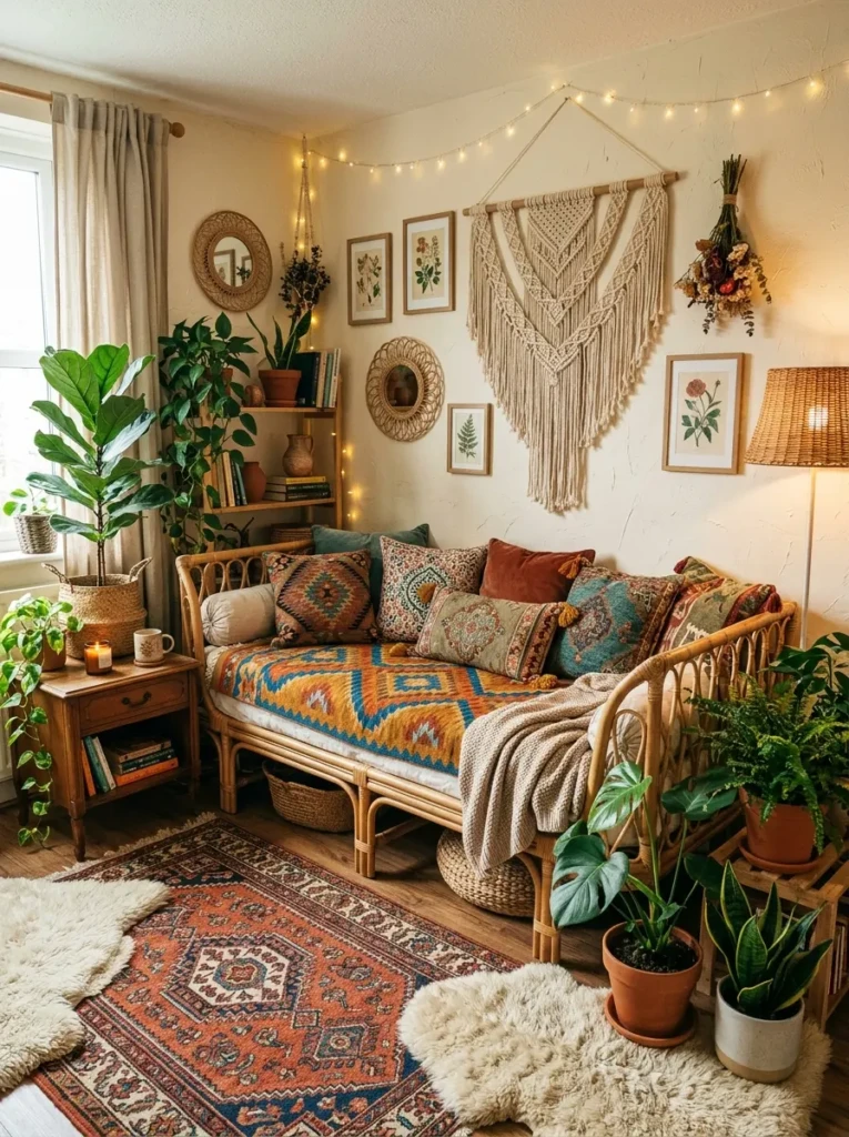 Bohemian style room with rattan daybed, colorful cushions, plants and layered textiles creating a cozy vibe