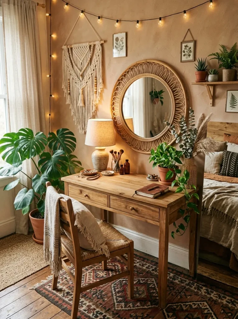 Bohemian style vanity with plants, wooden textures, and warm cozy lighting
