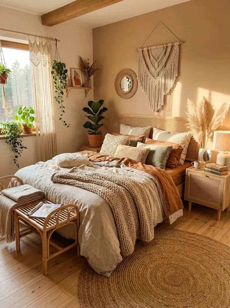 boho bedroom decor featuring linen bedding, chunky knit throw, rattan bench, and woven jute rug