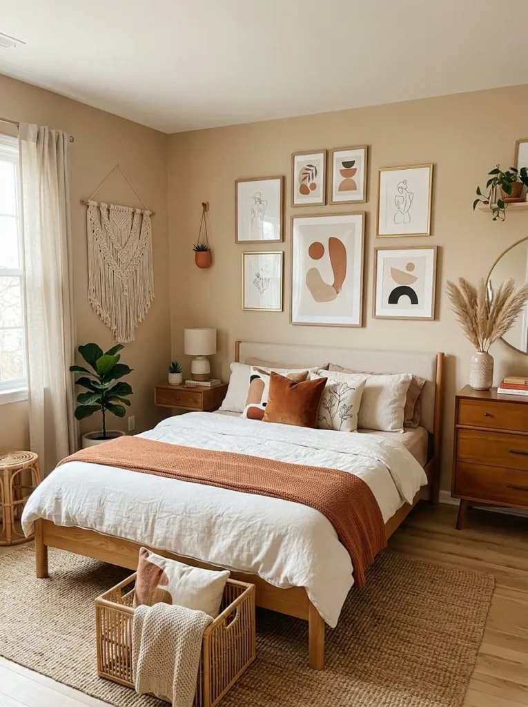 boho bedroom decor with abstract framed art, macrame wall hanging, and modern neutral styling