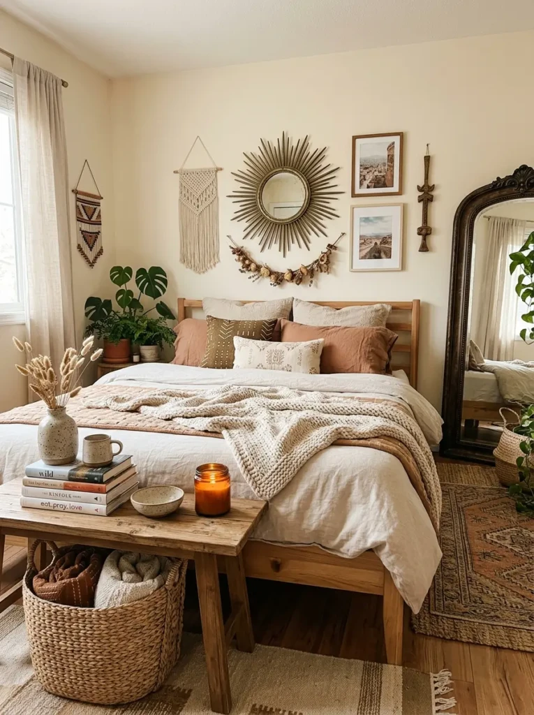 boho bedroom with handmade pottery, stacked books, vintage mirror, candles, and woven baskets