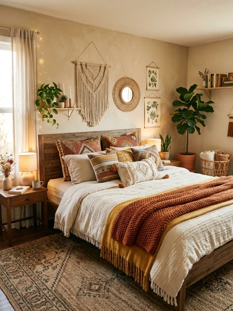 boho bedroom with layered duvet, patterned pillows, knit blankets, and warm cozy textures