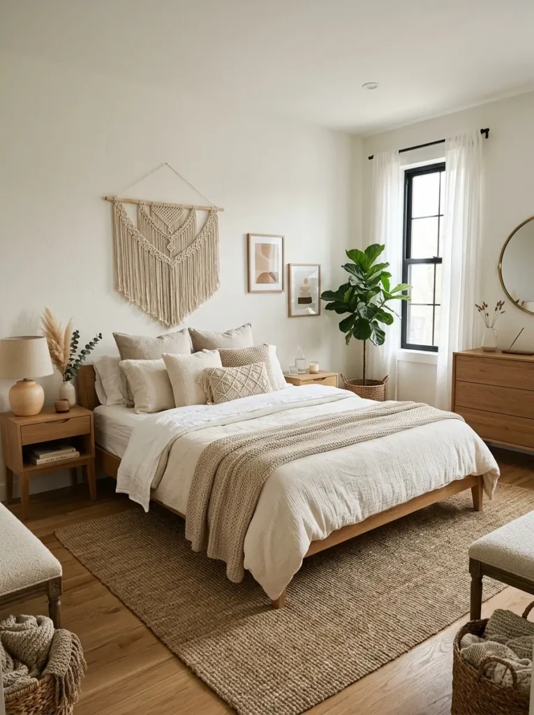 modern boho bedroom with minimalist furniture, soft layered bedding, and uncluttered neutral decor
