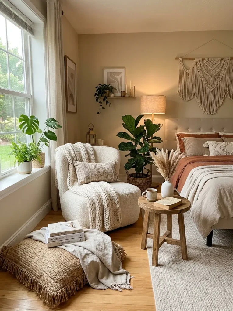 modern boho bedroom reading nook with boucle chair, knit throw, floor cushion, and soft lighting