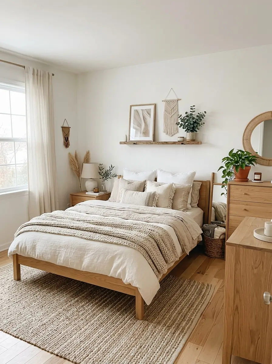 modern boho bedroom with white walls, beige bedding, wooden bed frame, woven rug, and soft natural light
