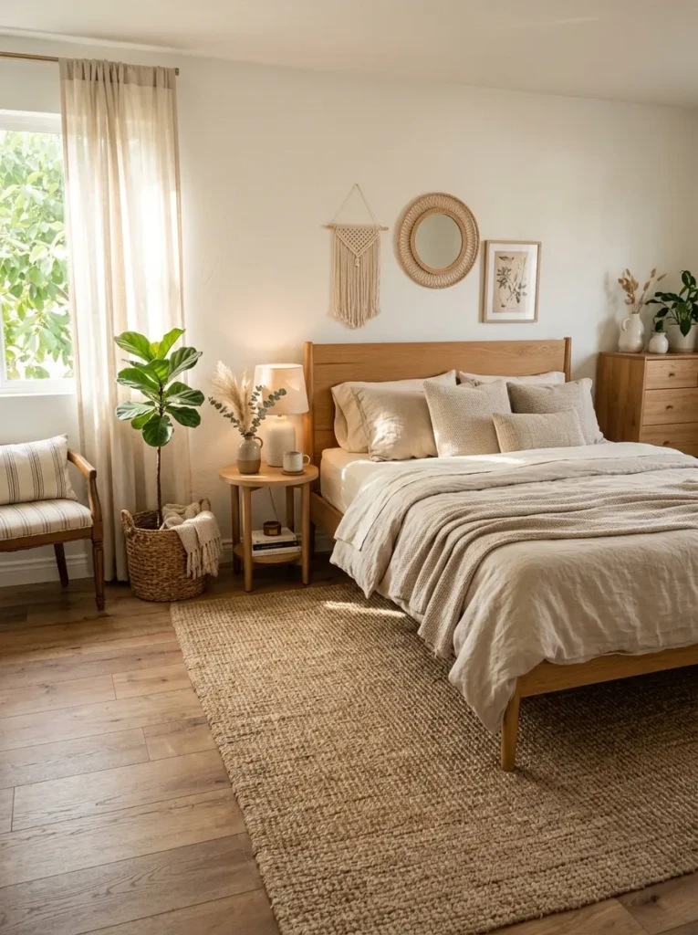 modern boho bedroom with white walls, beige bedding, wooden bed frame, woven rug, and soft natural light