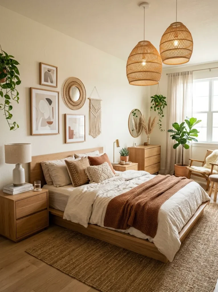modern boho bedroom with low platform bed, clean wood furniture, woven pendant lights, and neutral decor