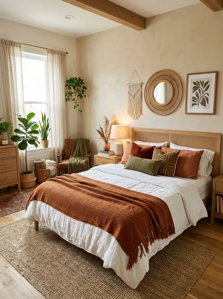 boho bedroom with terracotta pillows, rust blanket, olive accents, and warm oak furniture