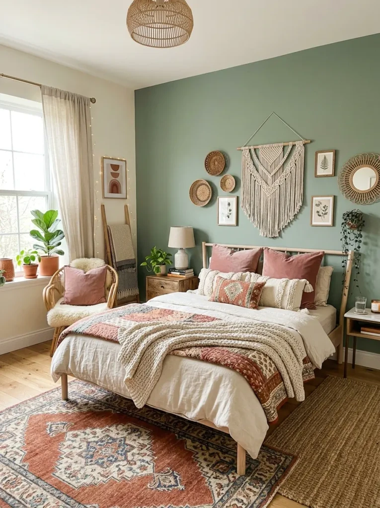 colorful boho bedroom with sage green accent wall, textured bedding, and woven wall decor